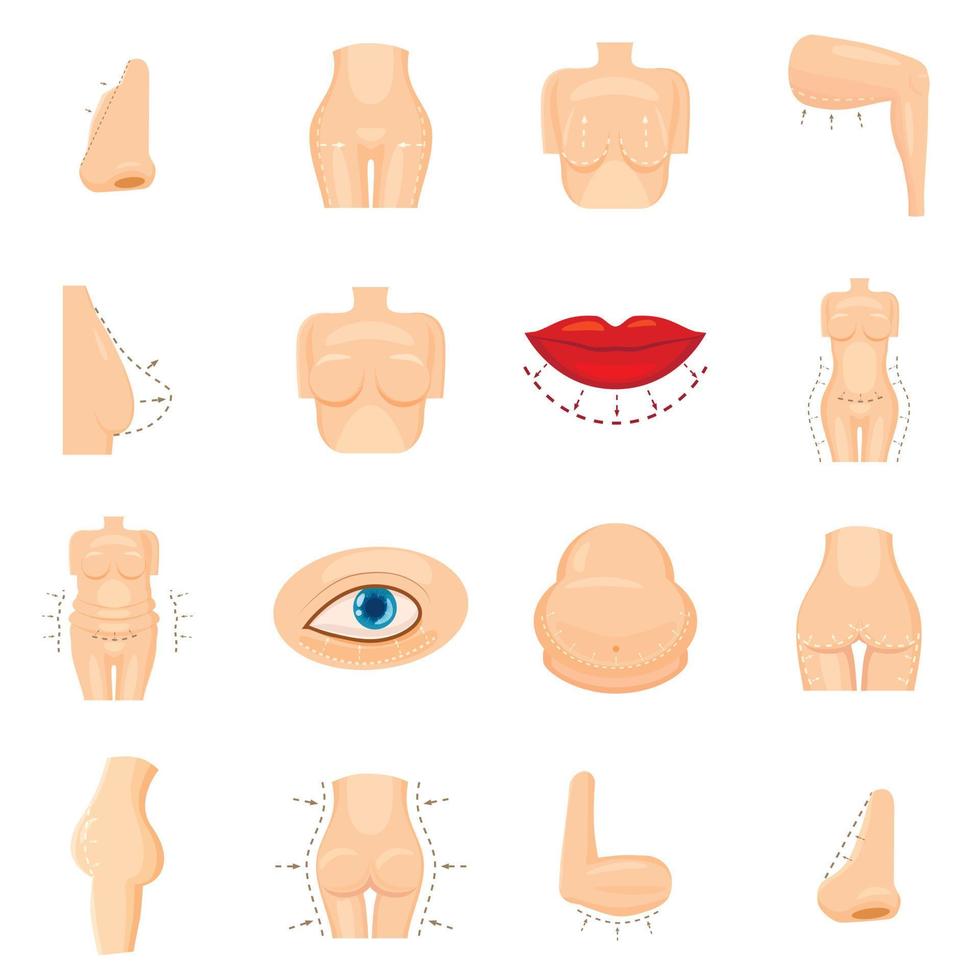 Plastic surgeon icons set, cartoon style vector