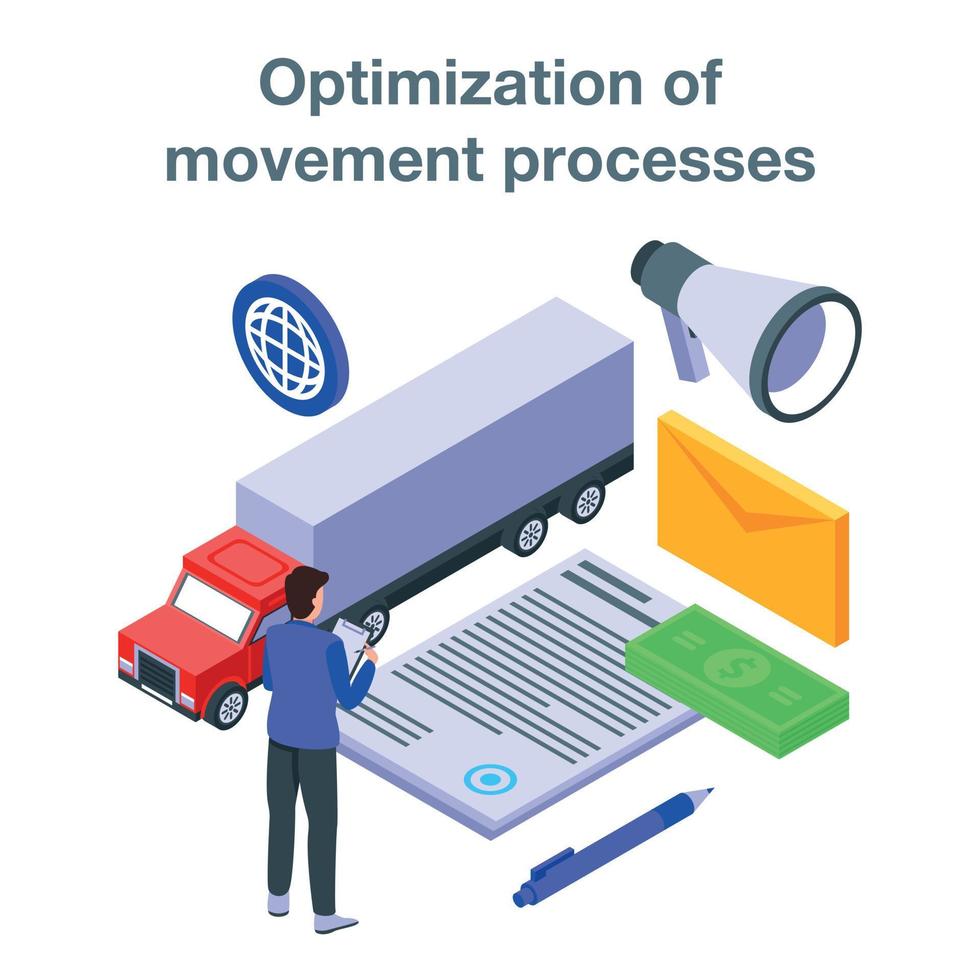 optimización del banner del concepto de proceso de movimiento, estilo isométrico vector