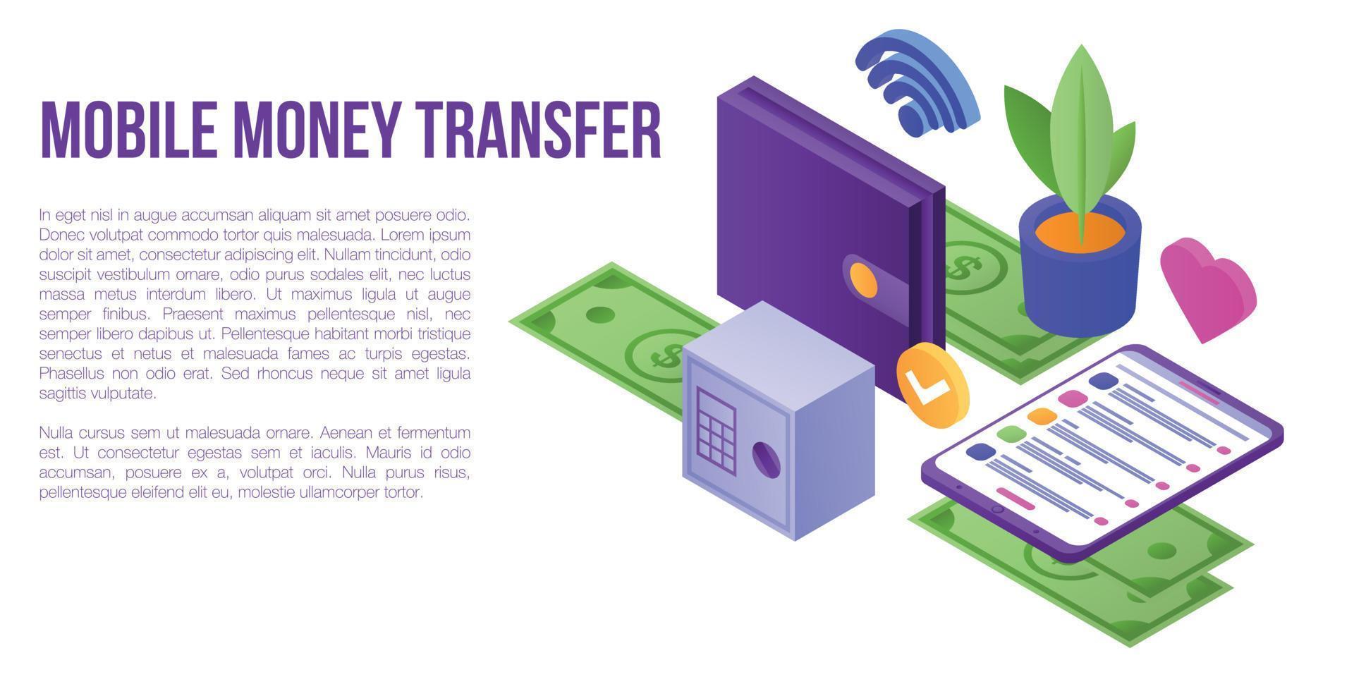 Mobile money transfer concept banner, isometric style vector