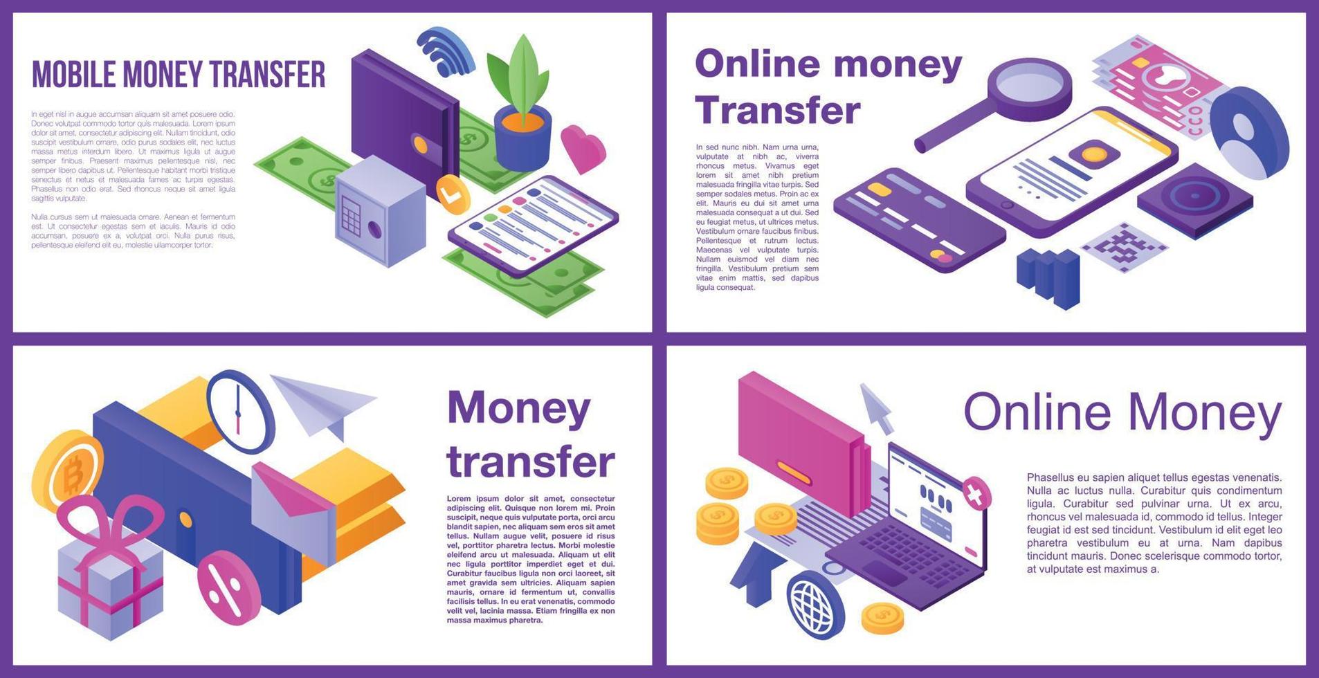 Money transfer banner set, isometric style vector