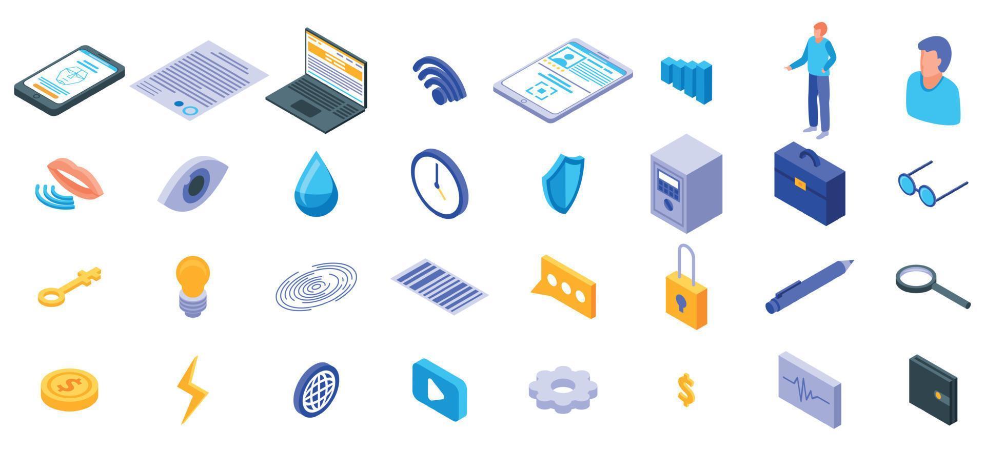 Biometric authentication icons set, isometric style vector