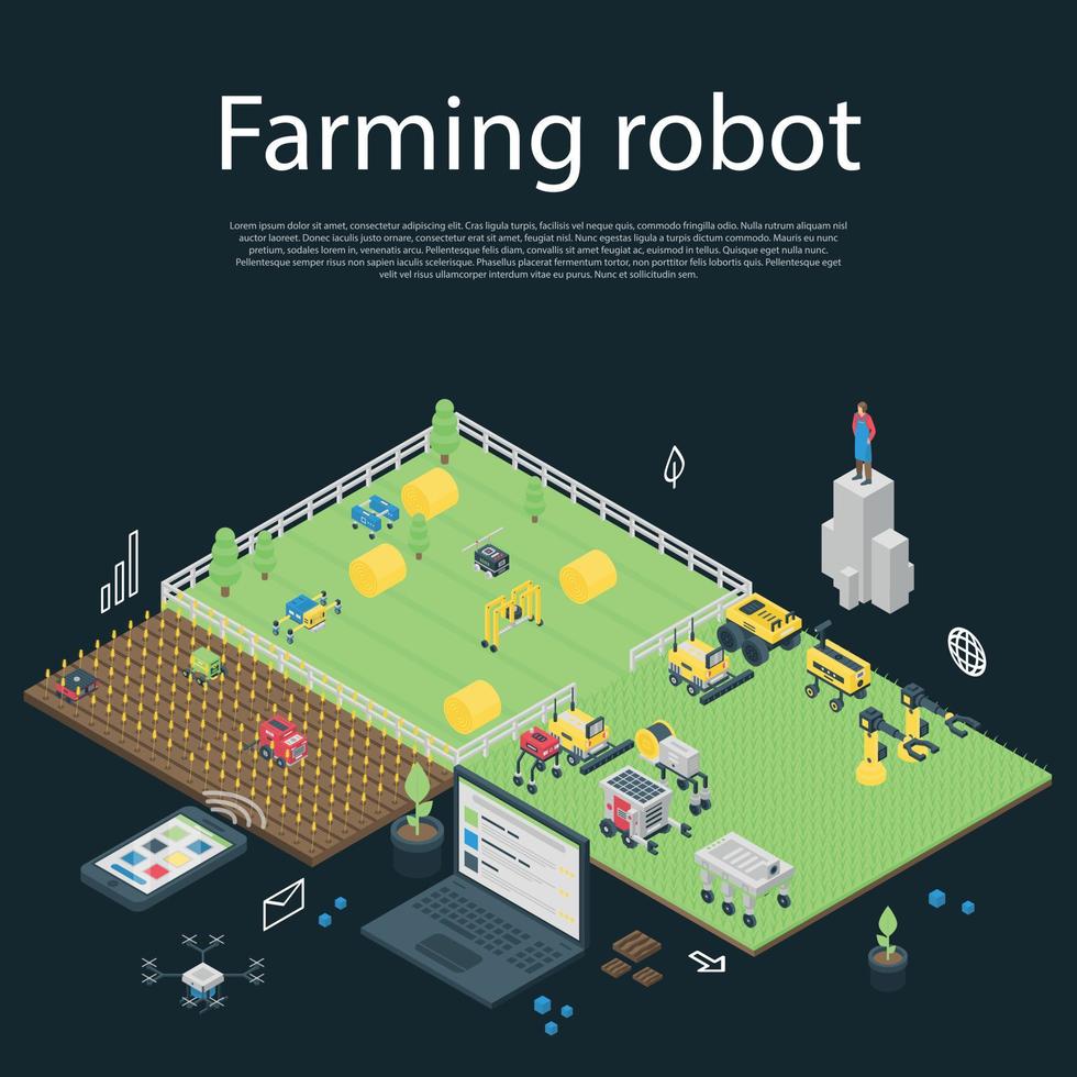 banner de concepto de robot agrícola de jardín, estilo isométrico vector