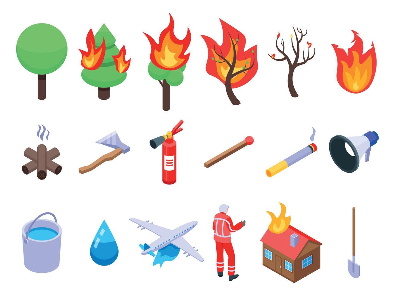 conjunto de iconos de incendios forestales, estilo isométrico vector