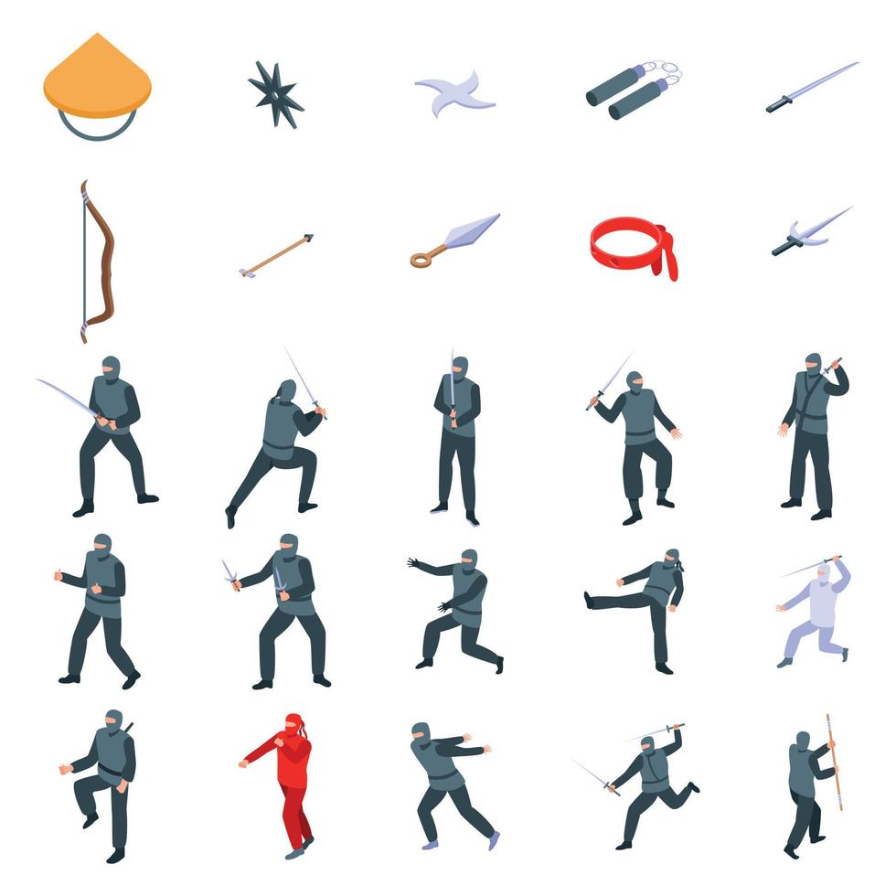 Ninja icons set, isometric style vector