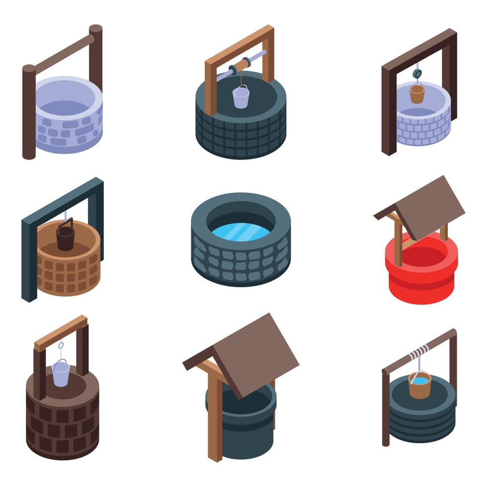 Water well icons set, isometric style vector