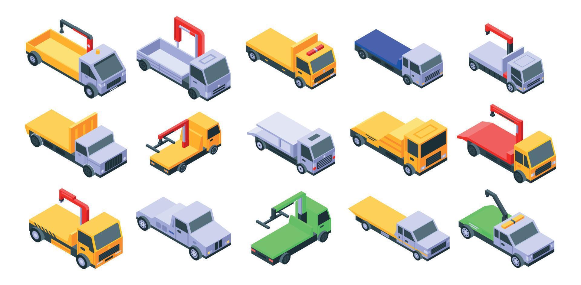 Tow truck icons set, isometric style vector