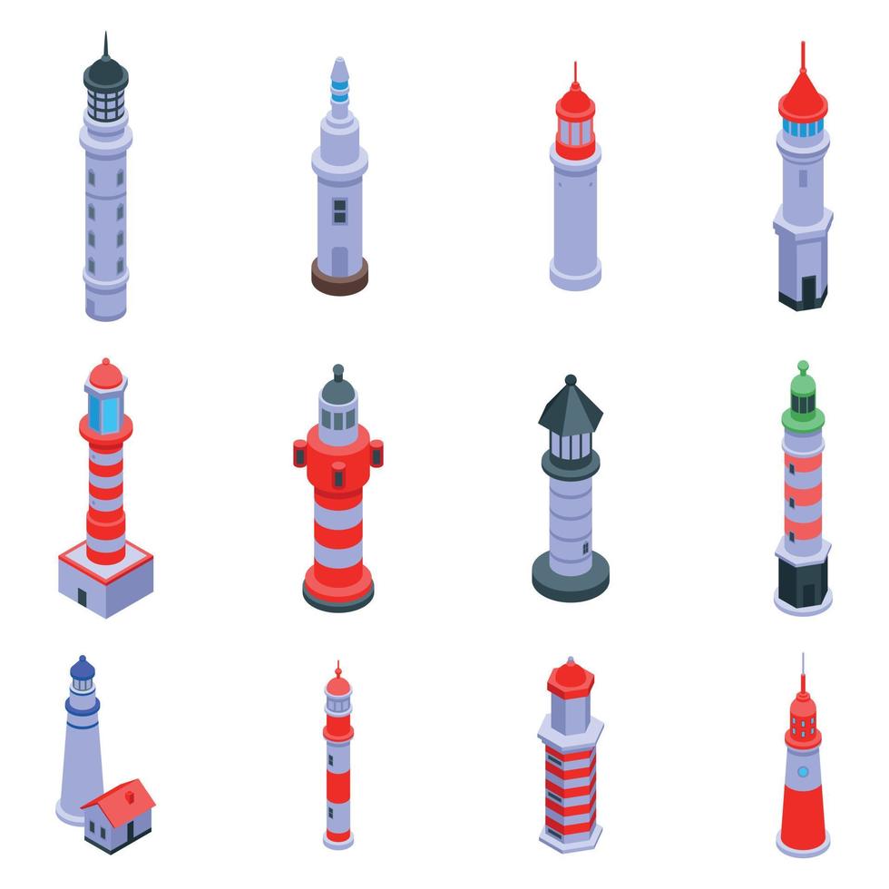 Lighthouse icons set, isometric style vector