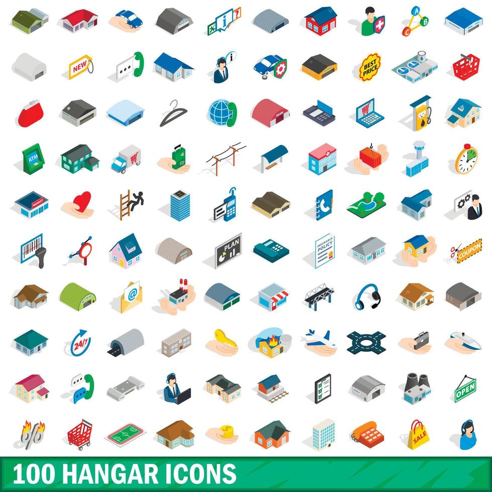 100 hangar icons set, isometric 3d style vector