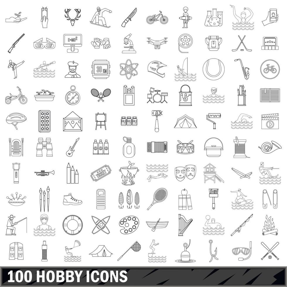 100 hobby icons set, outline style vector