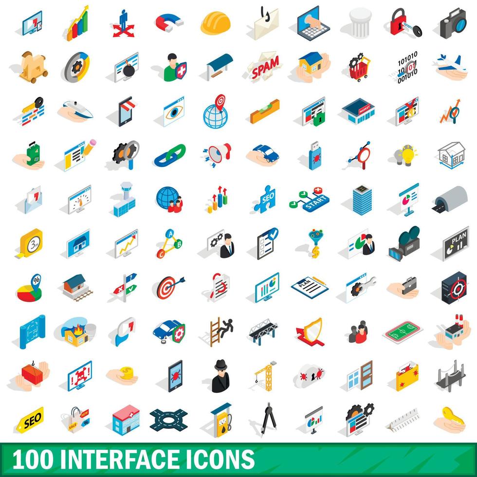 100 interface icons set, isometric 3d style vector