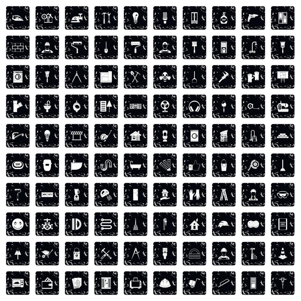 100 renovation icons set, grunge style vector