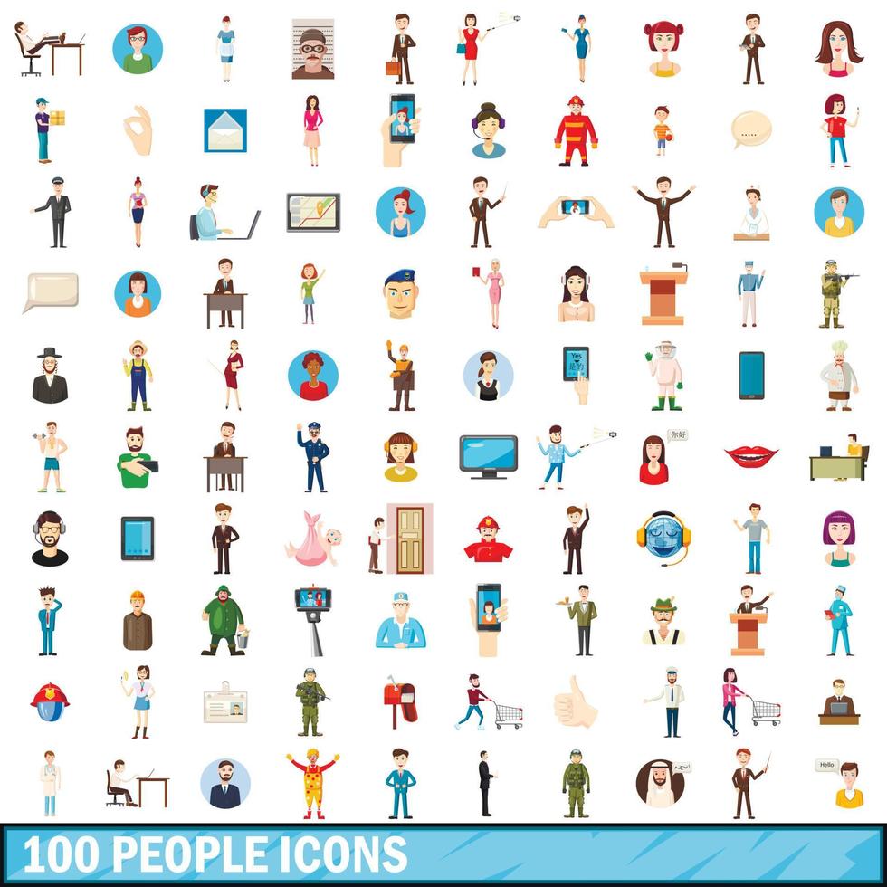 100 people icons set, cartoon style vector