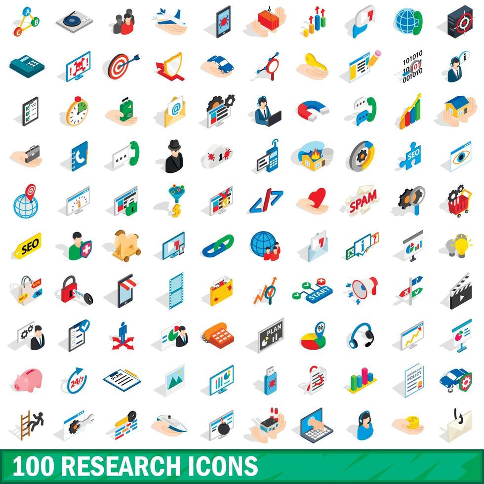 100 research icons set, isometric 3d style vector