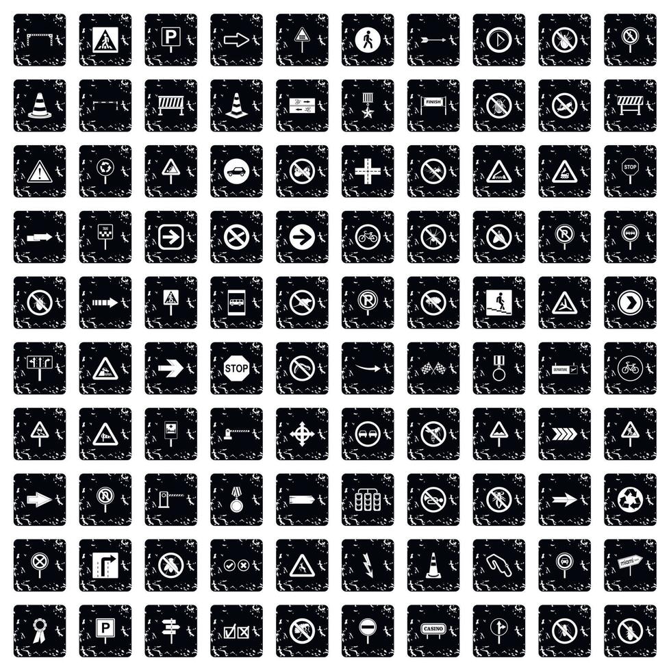 100 road signs icons set, grunge style vector