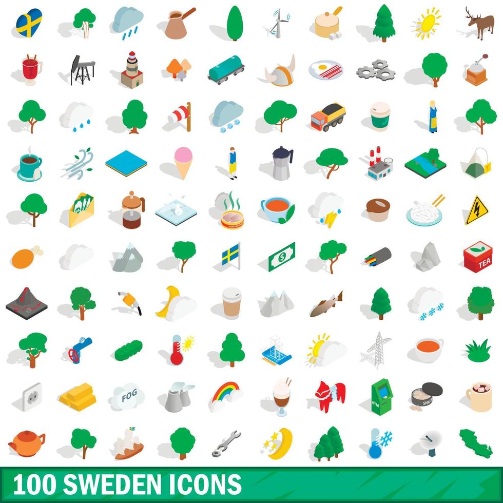 100 sweden icons set, isometric 3d style vector