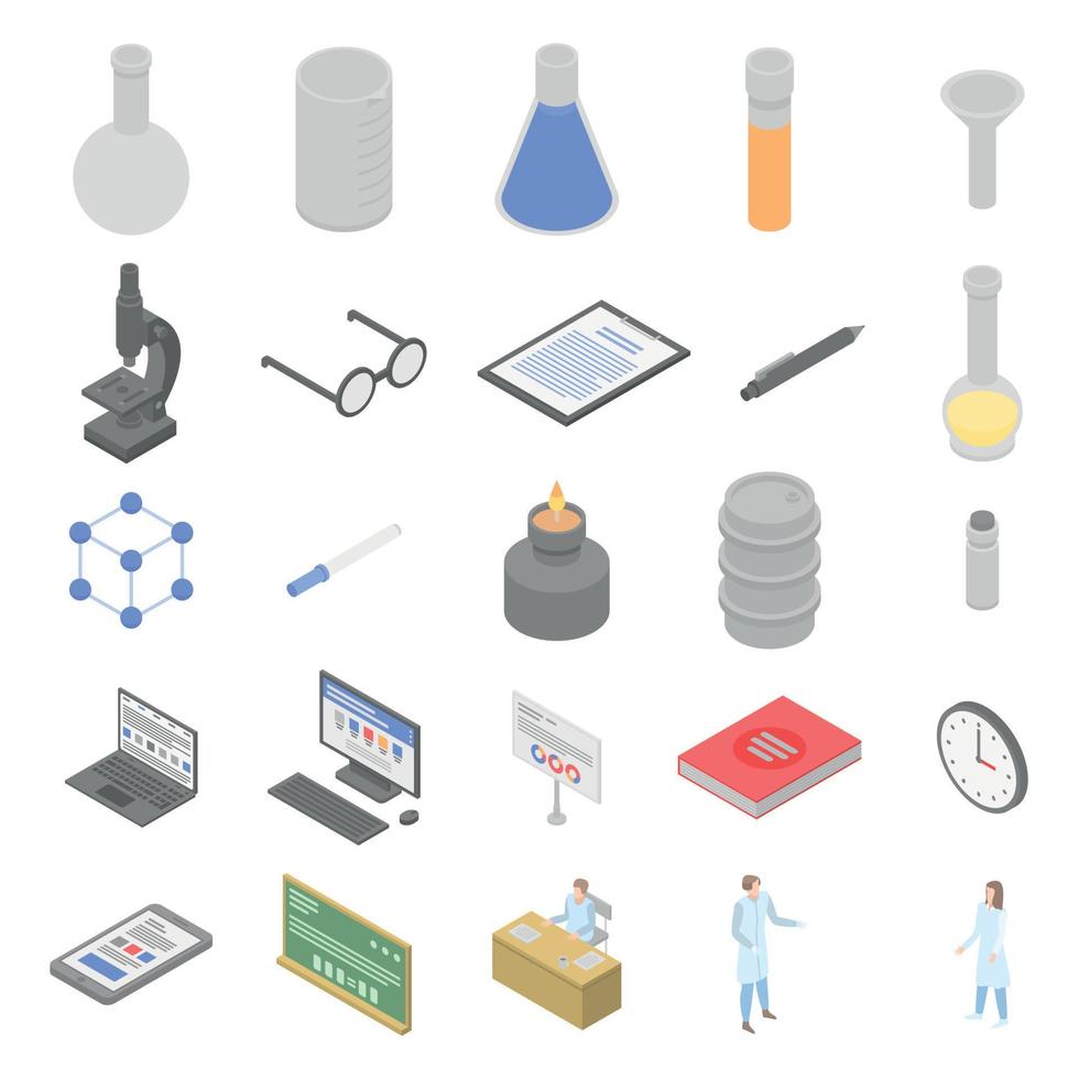 conjunto de iconos de experimentos de laboratorio químico, estilo isométrico vector