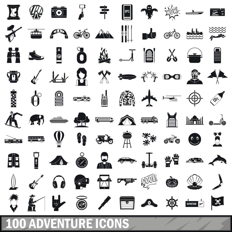 100 adventure icons set, simple style vector