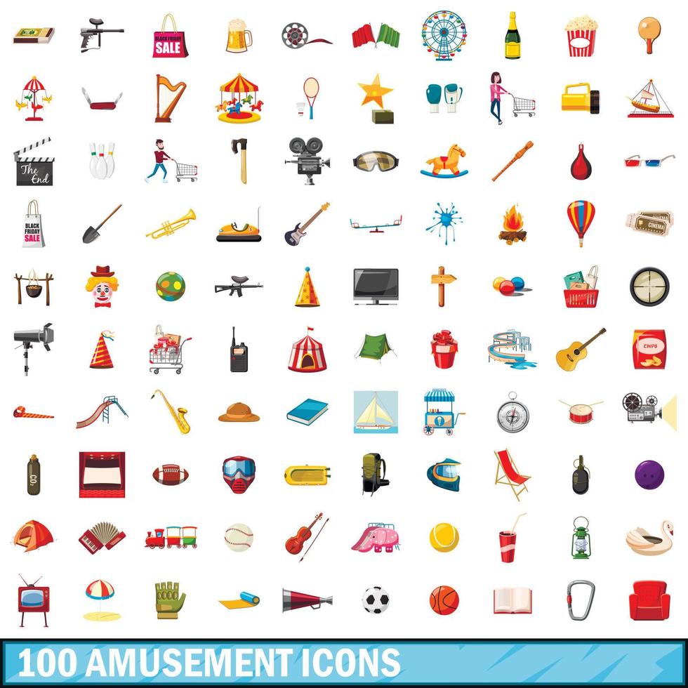100 iconos de diversión, estilo de dibujos animados vector