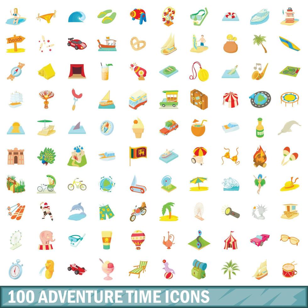 100 iconos de tiempo de aventura, estilo de dibujos animados vector