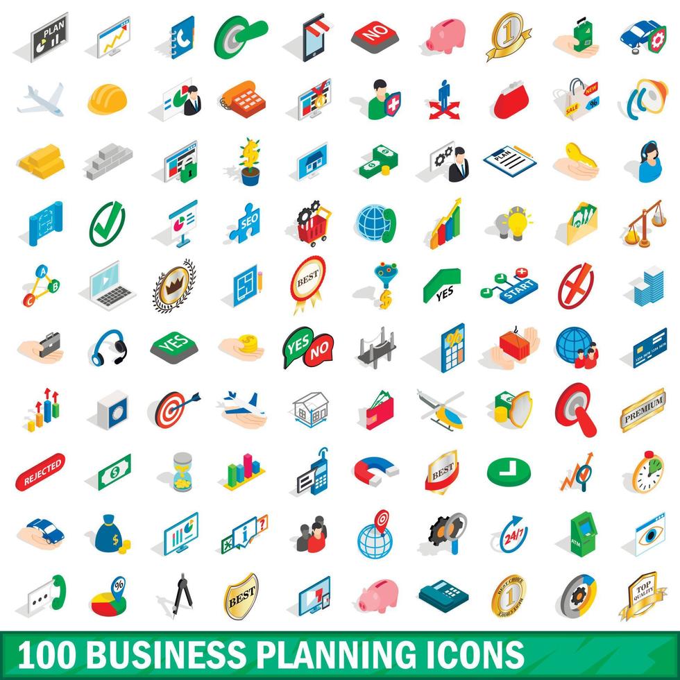 100 business planning icons set, isometric style vector