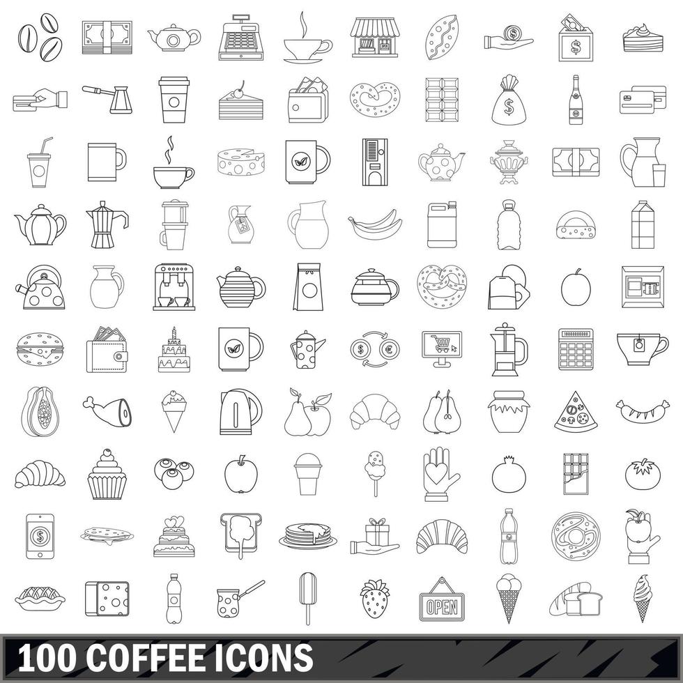100 coffee icons set, outline style vector