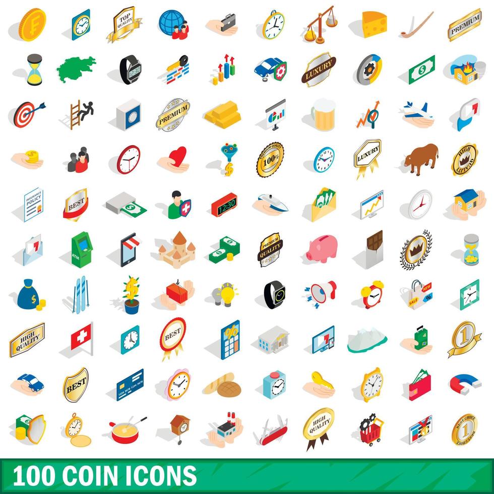 100 coin icons set, isometric 3d style vector