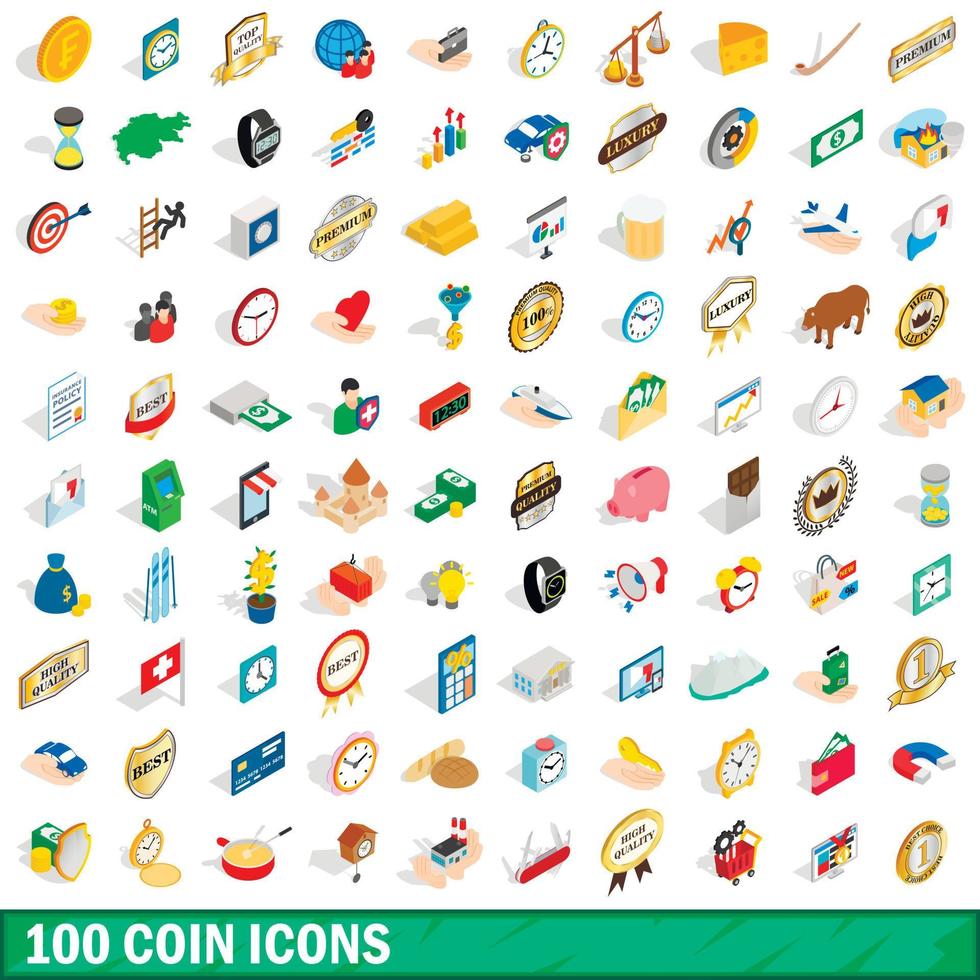 100 iconos de monedas, estilo isométrico 3d vector