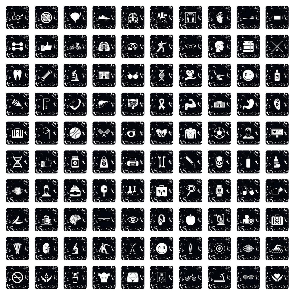 100 health icons set, grunge style vector