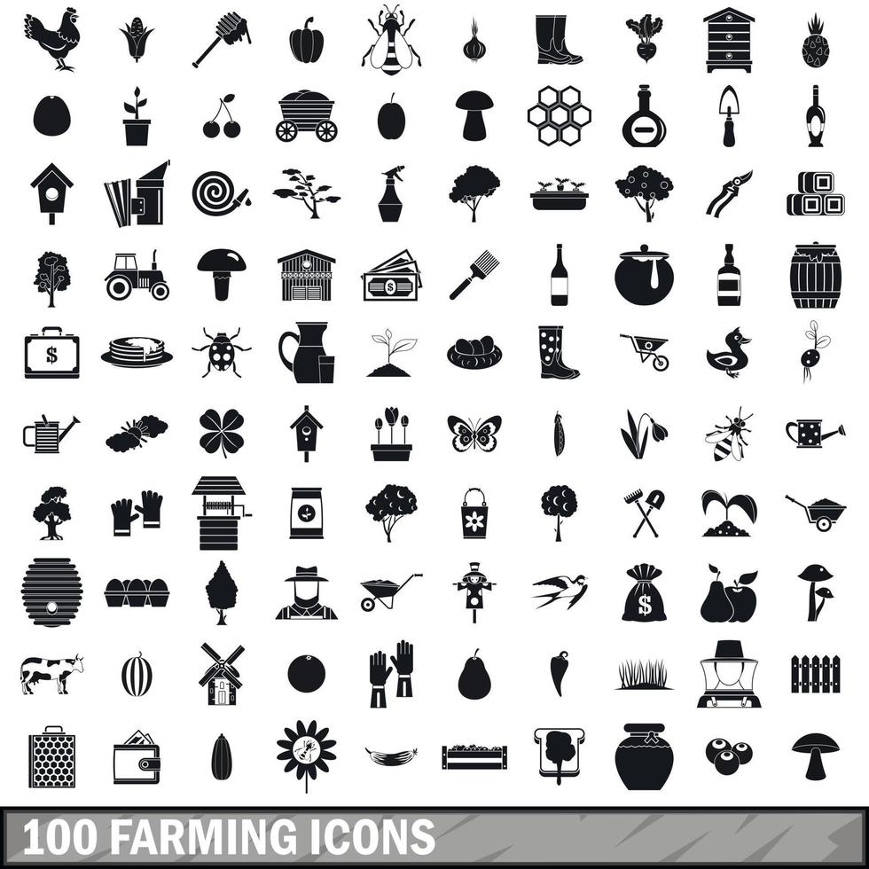 100 farming icons set, simple style vector