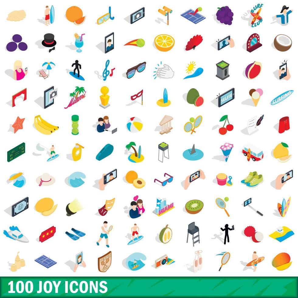 100 joy icons set, isometric 3d style vector
