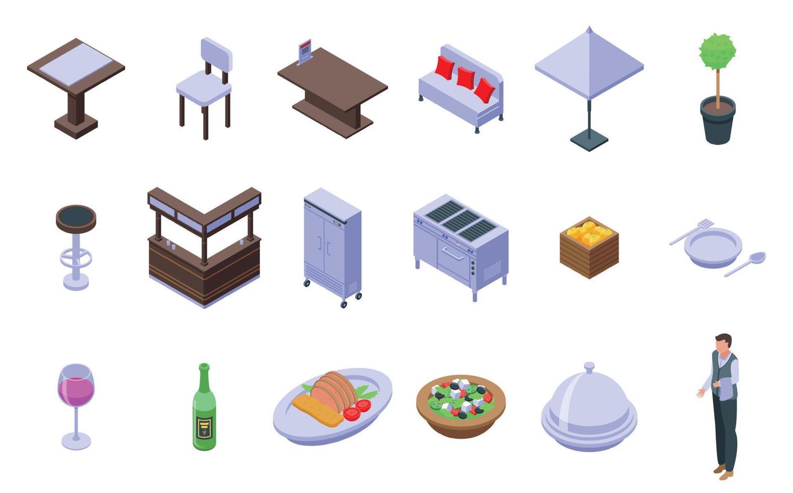 Restaurant icons set, isometric style vector