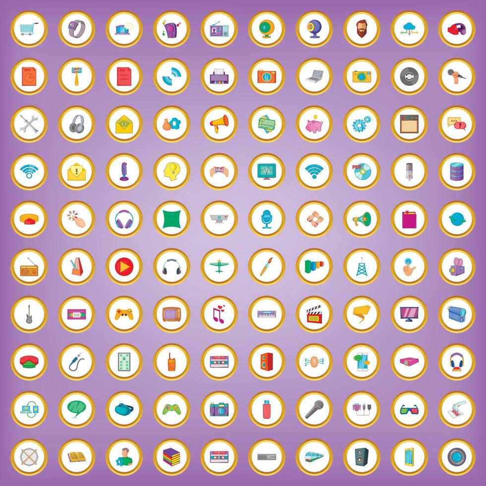 100 mobile app icons set in cartoon style vector