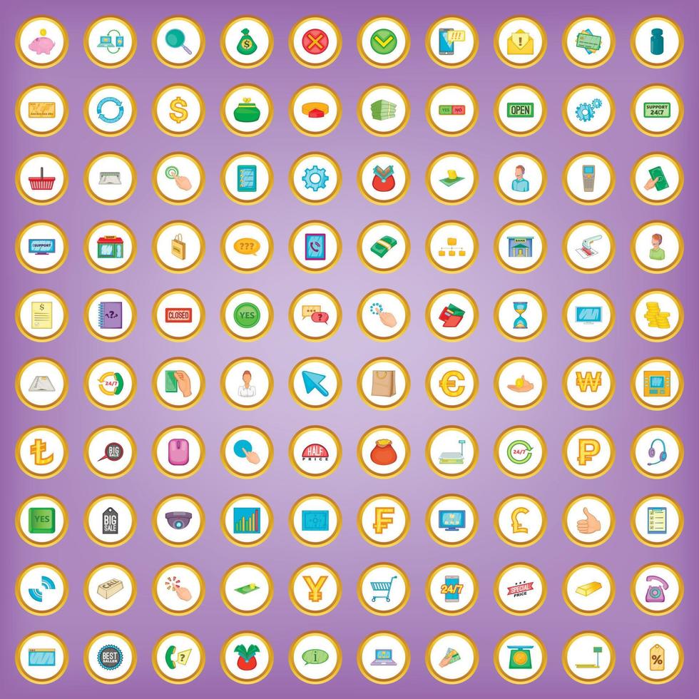 100 payment icons set in cartoon style vector