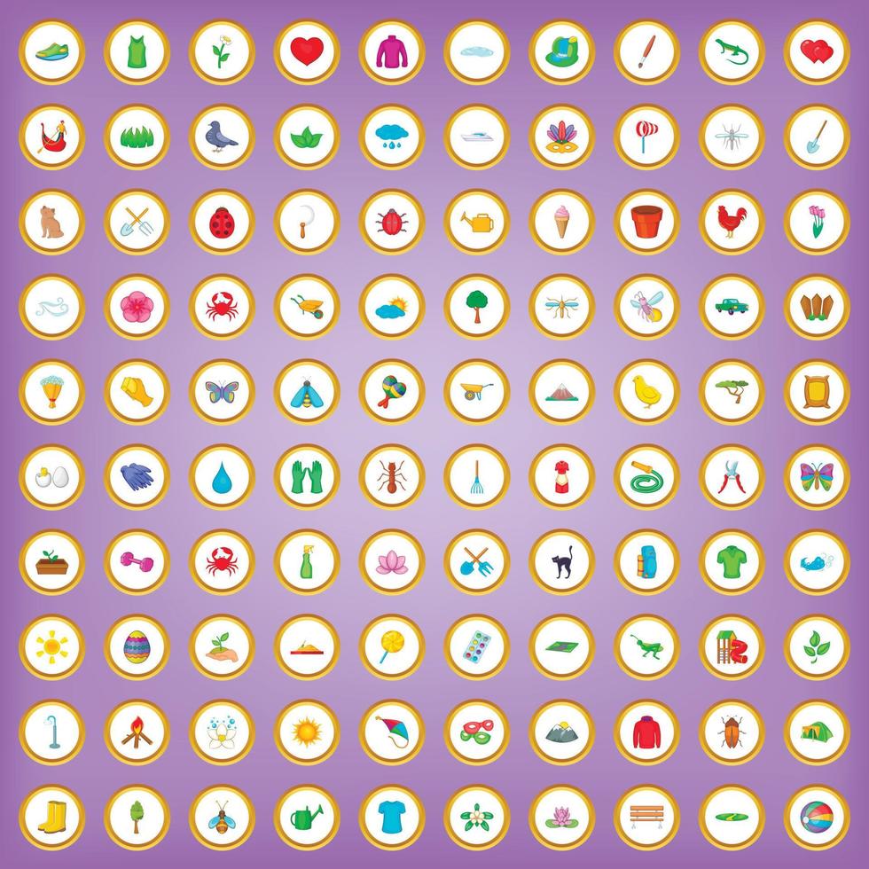 100 spring icons set in cartoon style vector
