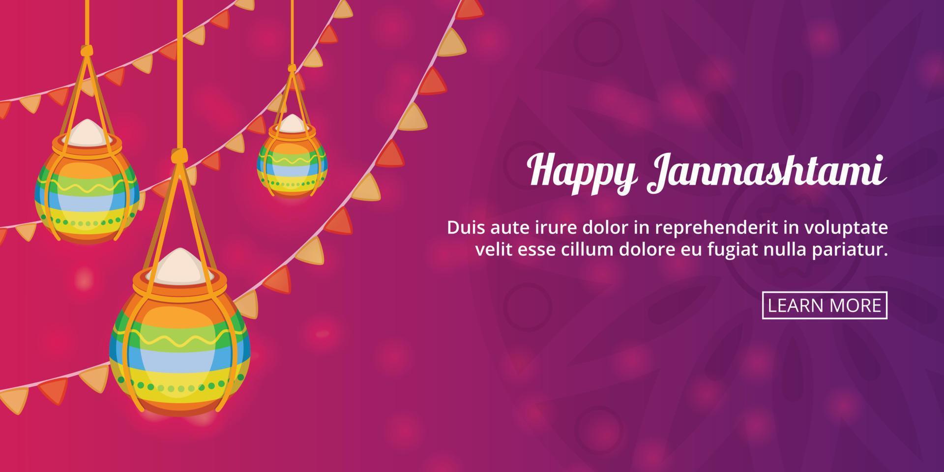 feliz janmashtami banner horizontal, estilo de dibujos animados vector