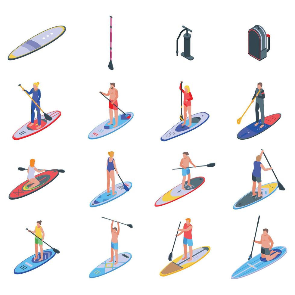 Sup surfing icons set, isometric style vector