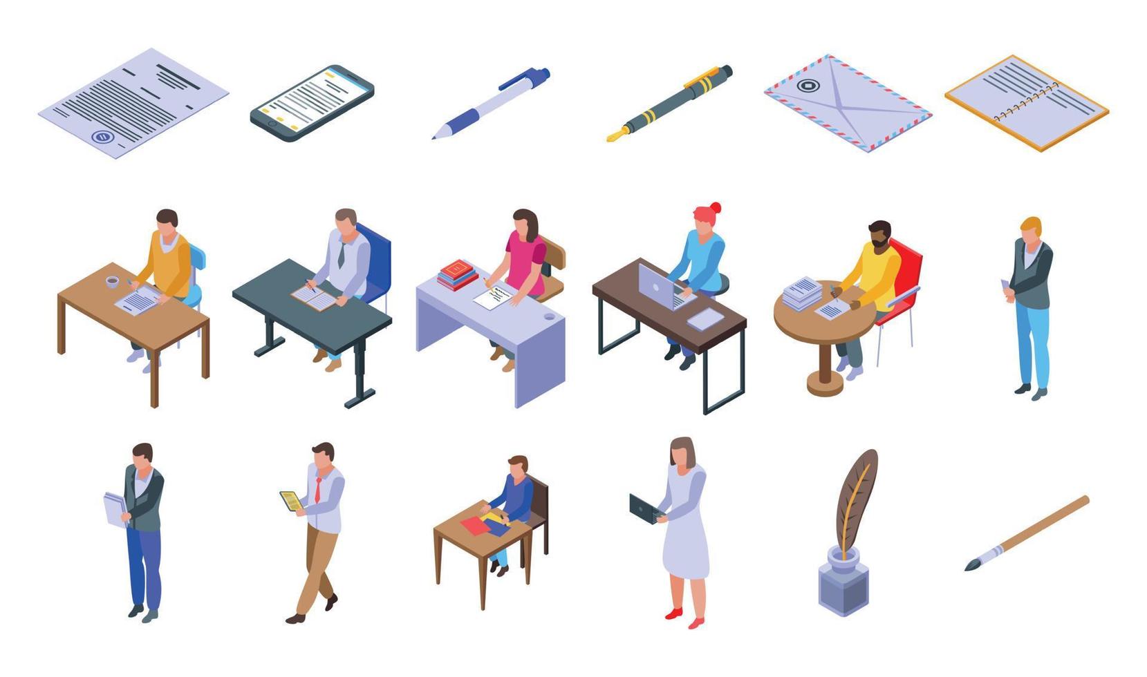 Writing icons set, isometric style vector