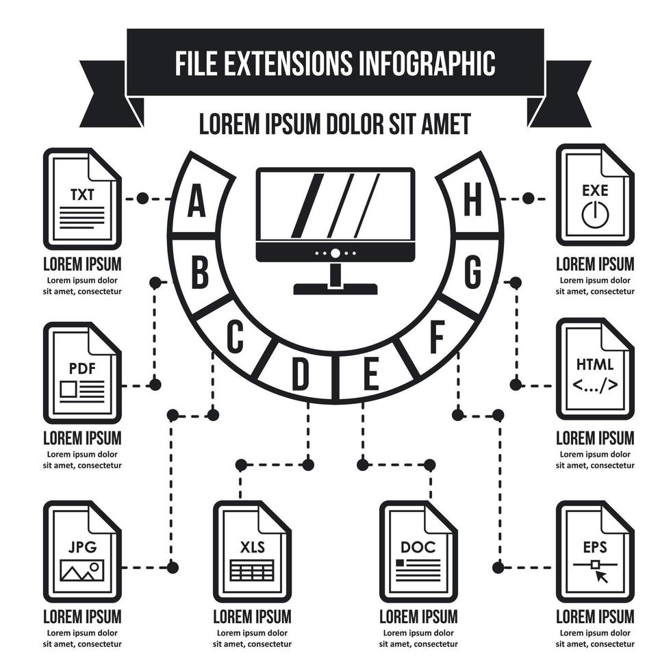 concepto de infografía de extensiones de archivo, estilo simple vector