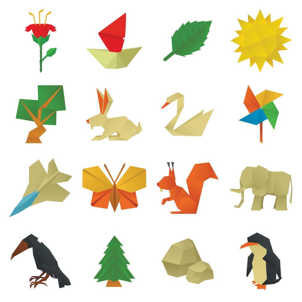 Origami craft icons set, cartoon style vector