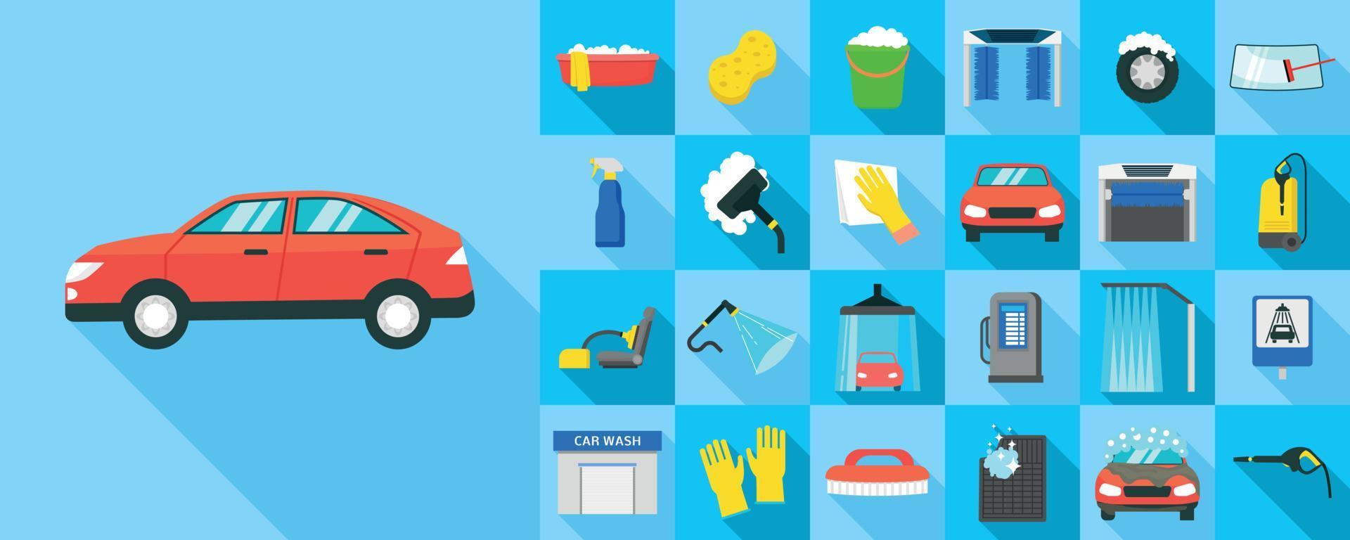 Car wash icons set, flat style vector