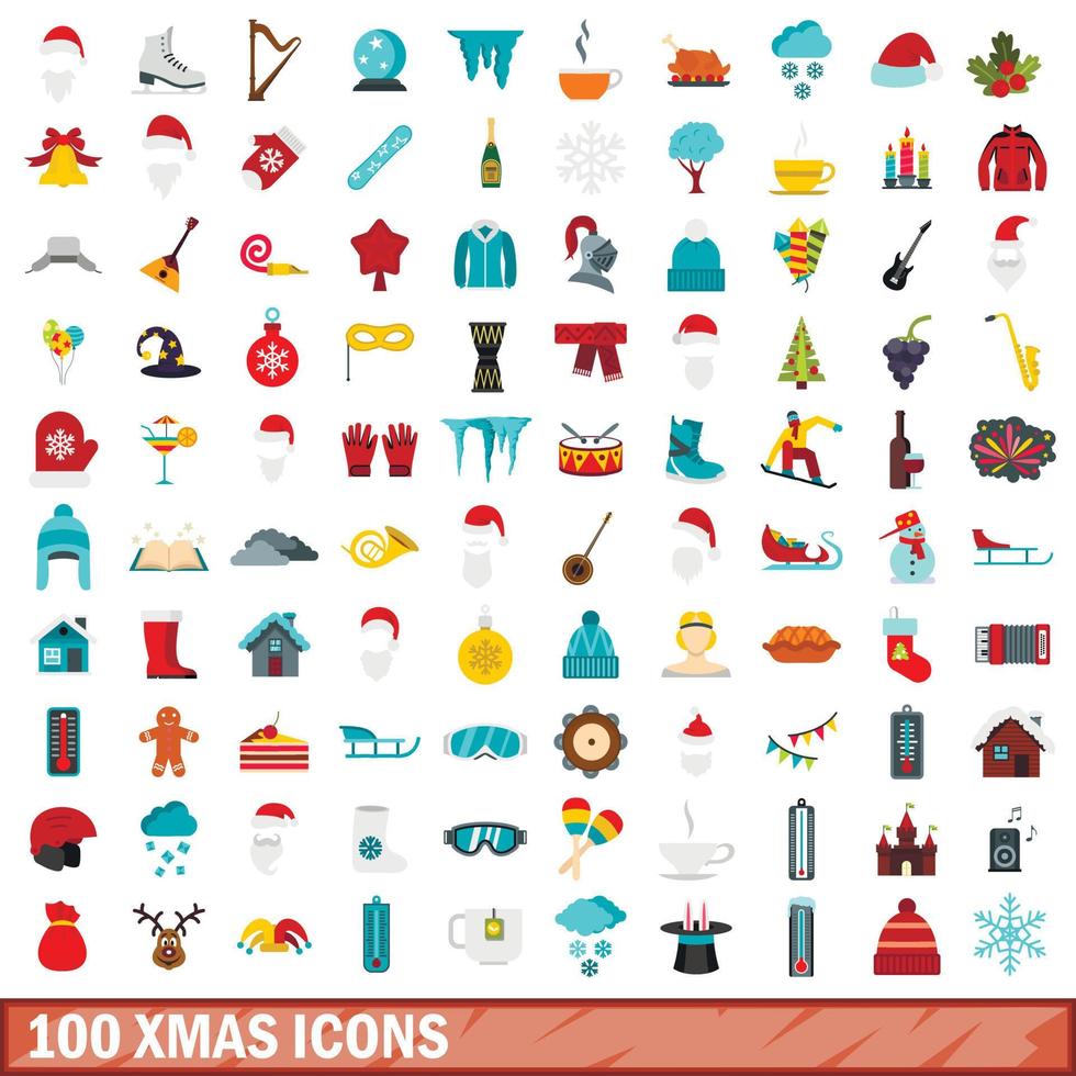 100 xmas icons set, flat style vector