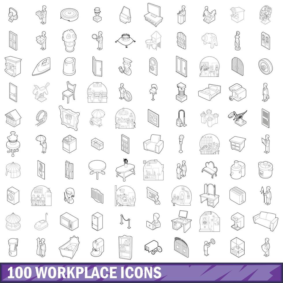 100 workplace icons set, outline style vector