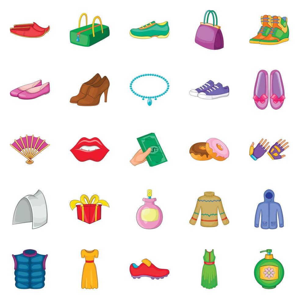 Buying shoes icons set, cartoon style vector
