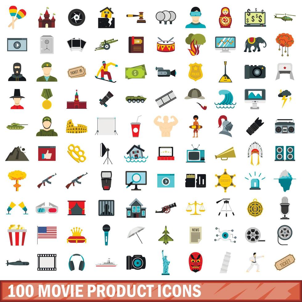 100 iconos de productos de películas, estilo plano vector