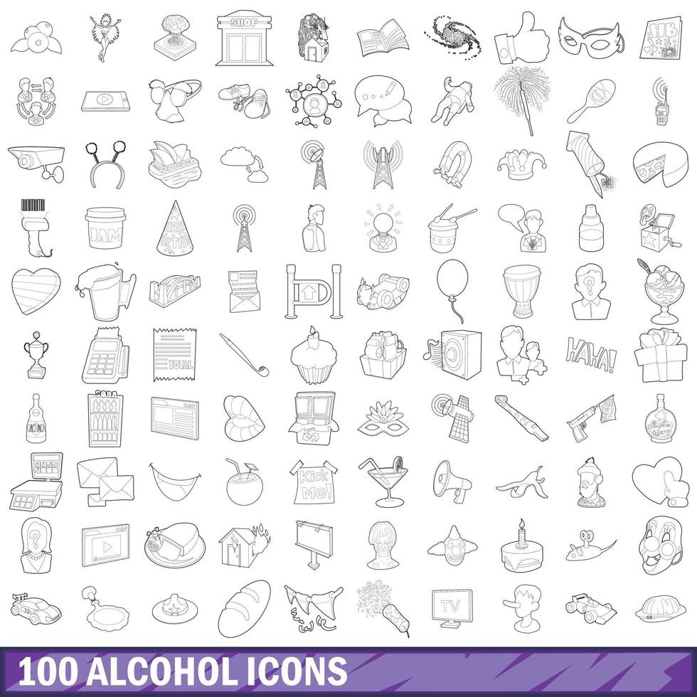 100 alcohol icons set, outline style vector