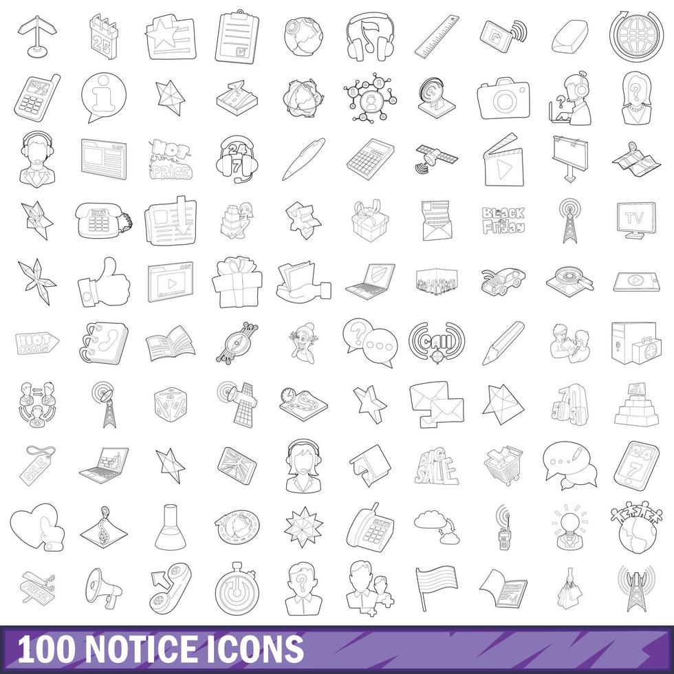 100 notice icons set, outline style vector