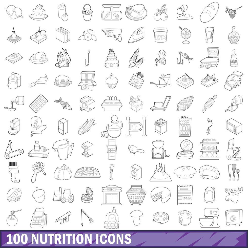 100 iconos de nutrición, estilo de contorno vector