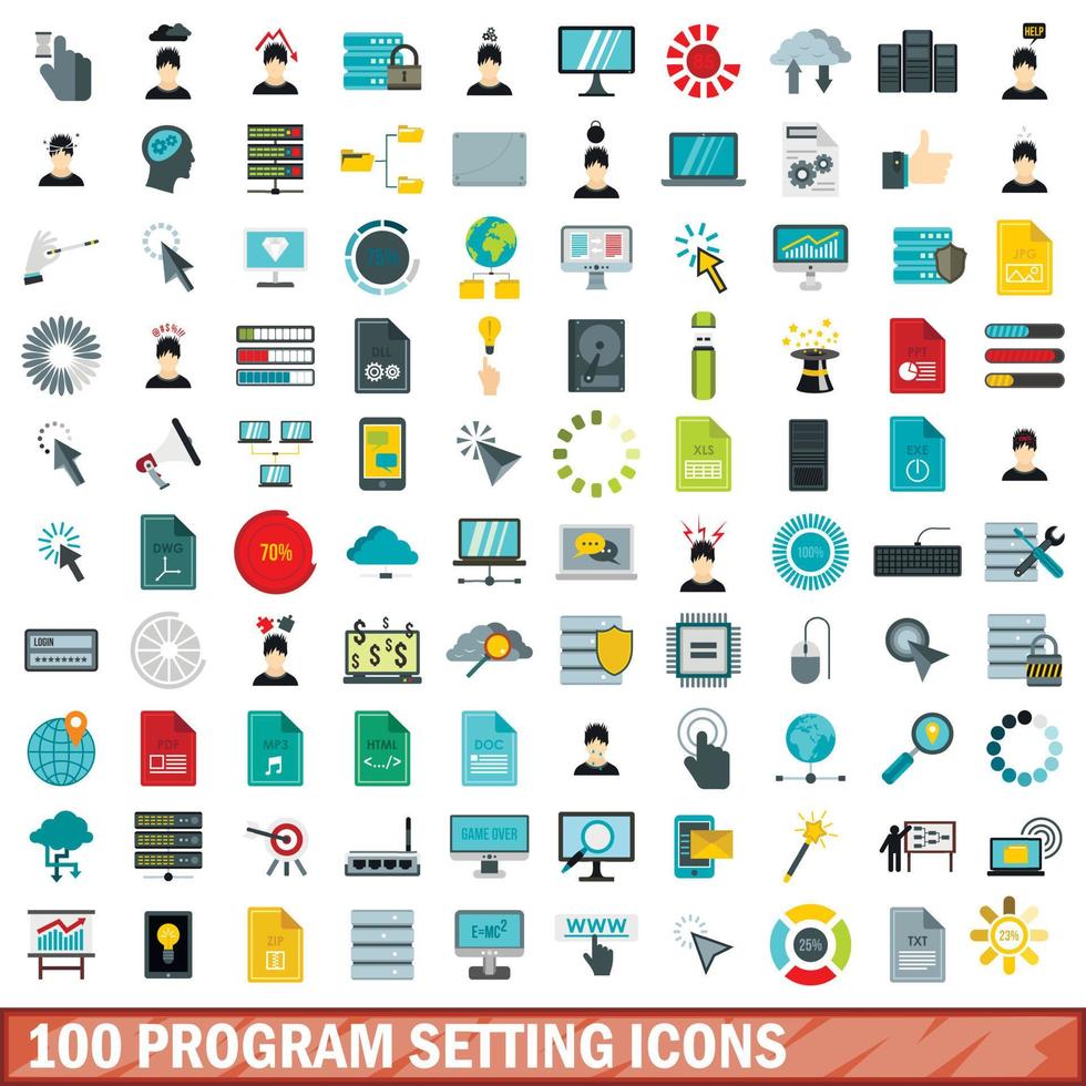 100 iconos de configuración de programa, estilo plano vector