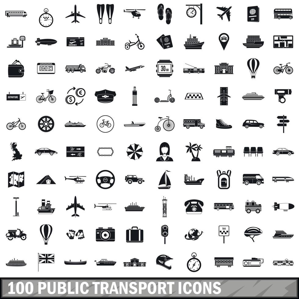 100 public transport icons set, simple style vector