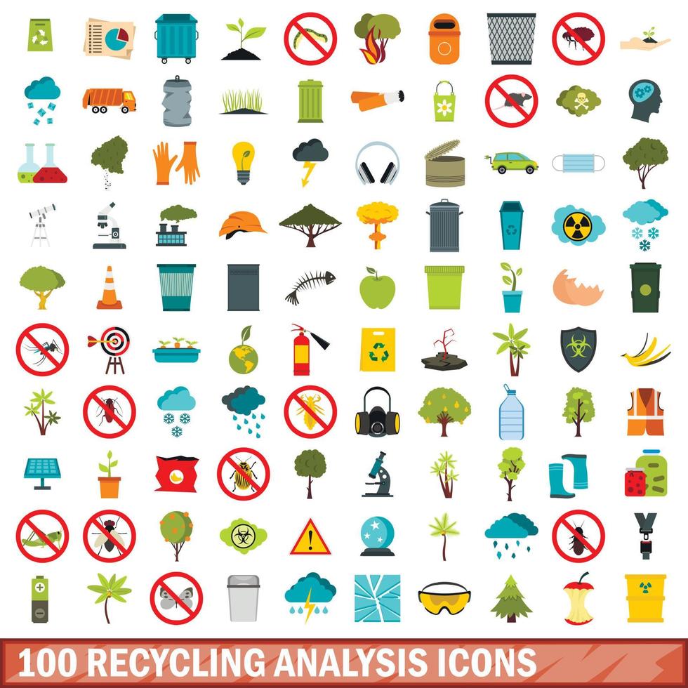 100 conjunto de iconos de análisis de reciclaje, estilo plano vector